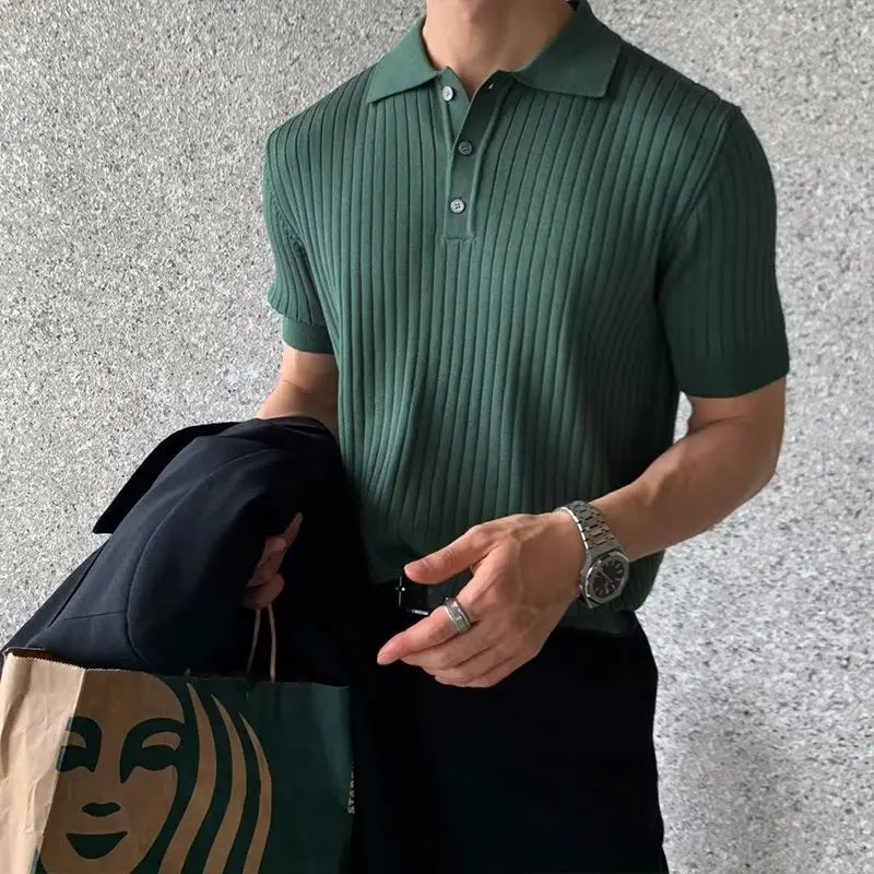 Summer Men's Clothing Retro Knit Lapel Striped Polo Shirt Solid Color Short Sleeve Fashion  Simple Casual Male Tops Size M-2XL