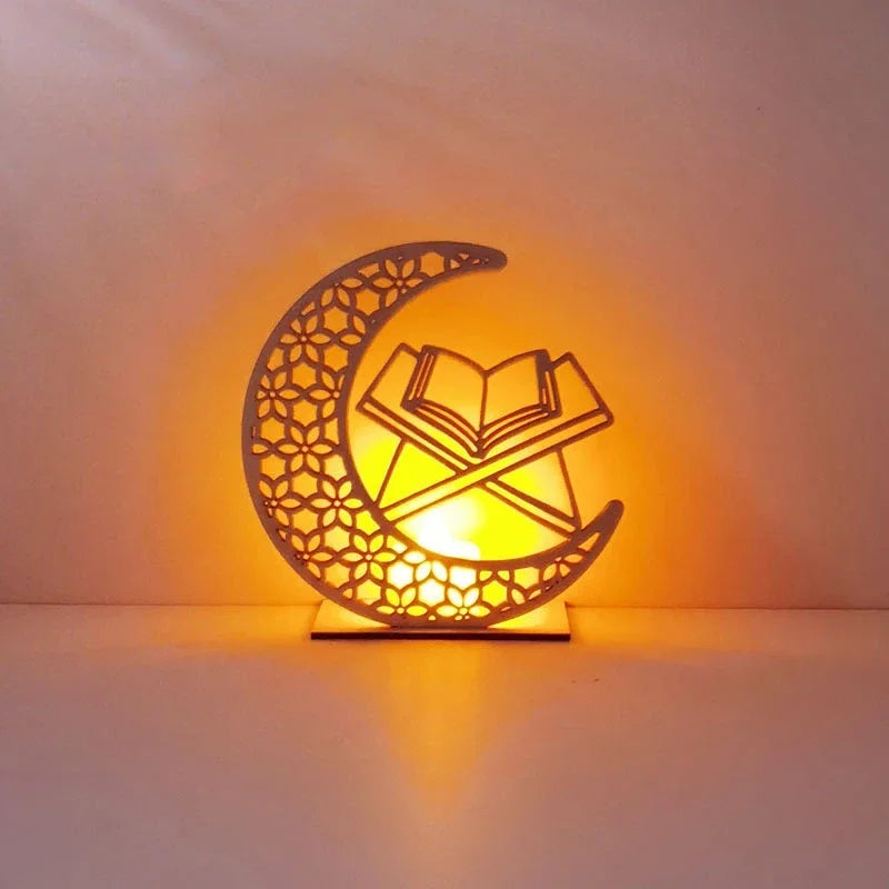 EID Mubarak Wooden Ornament Moon LED Candle Light Ramadan Decoration for Home Islamic Muslim Party Decoration Kareem Eid Al Adha