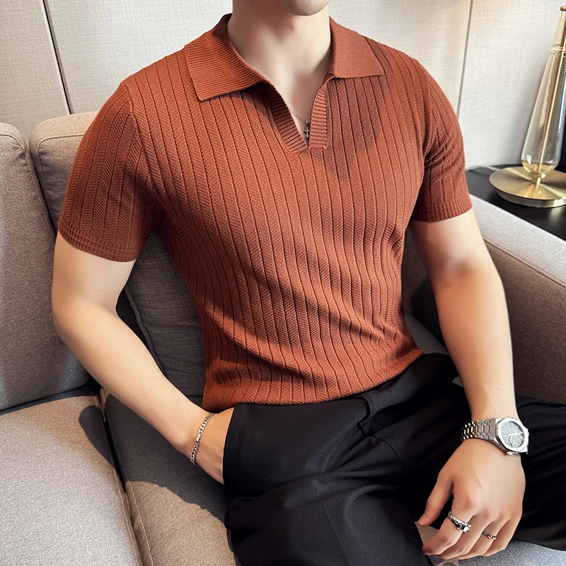 Men Striped Polo Shirt 2024 Summer Light Thin Breathable Solid Casual Elastic Slim Fit Short Sleeved V-neck T-shirt Men Clothing