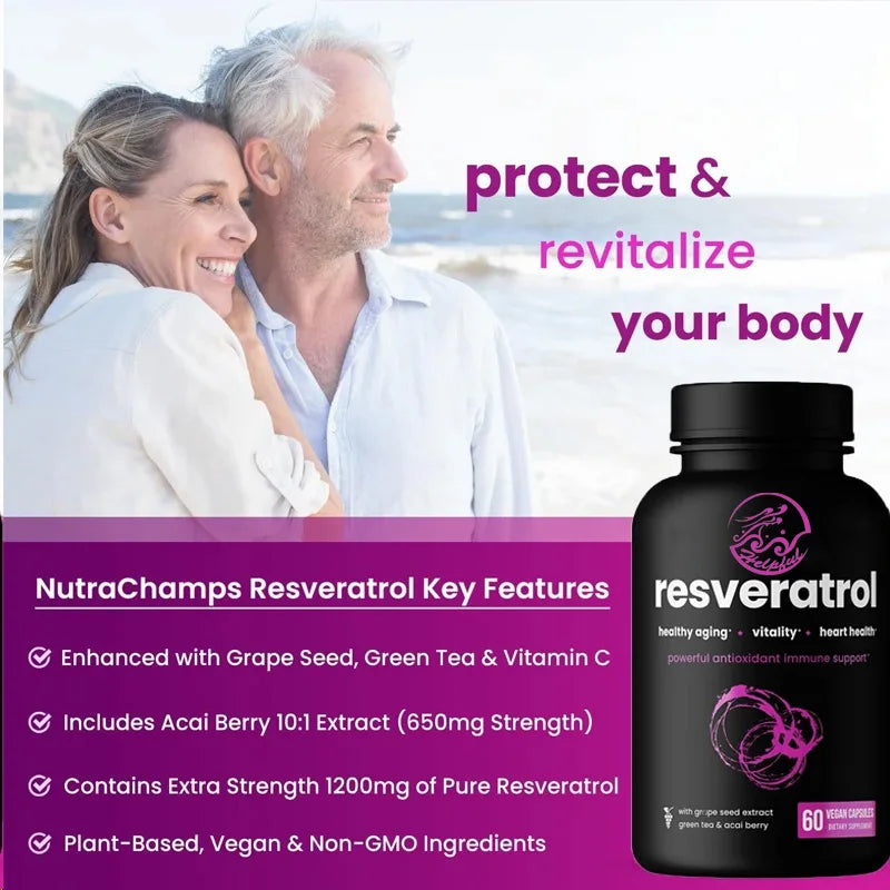 Resveratrol Supplement 60 Pure Plant Capsules with Trans Resveratrol, Green Tea, Raspberry and Grape Seed Extracts