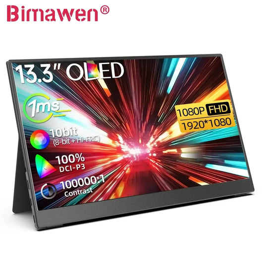 Bimawen 13.3inch OLED Portable Monitor with FHD Screen Response Time 1ms 10bit 100% DCI-P3 Monitor W/Adaptive Sunc Game HoR Mode