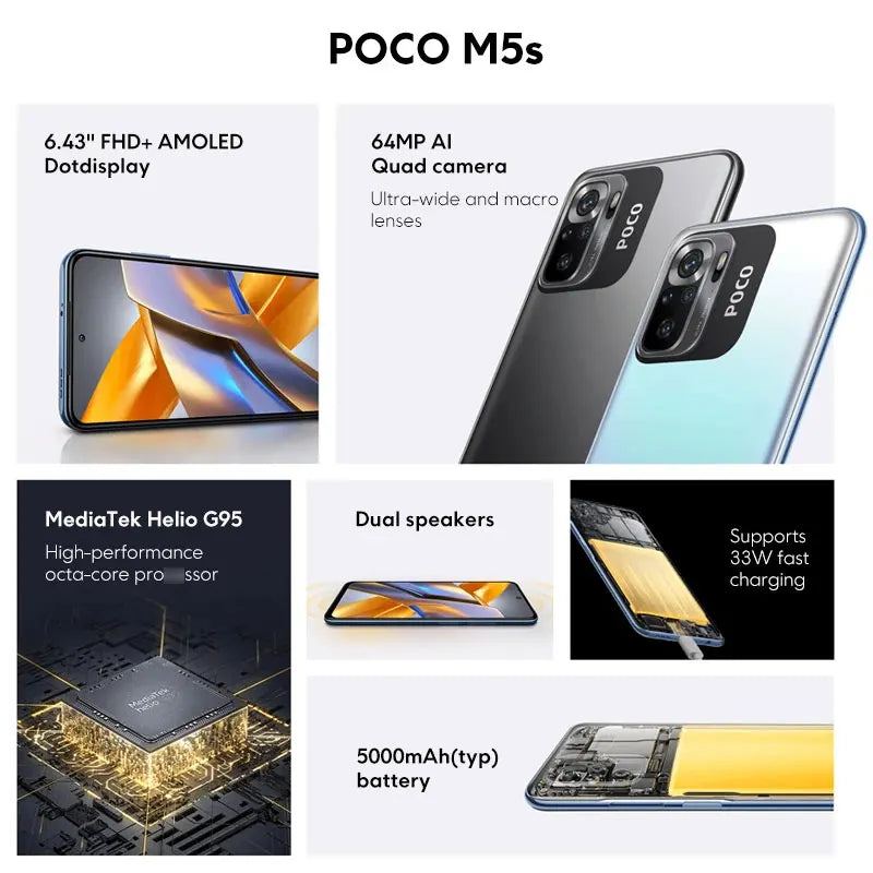 Global Version POCO M5s 64GB 128GB M5 s Helio G95 NFC 6.43" AMOLED Display 64MP Quad Camera 33W Fast Charging 5000mAh Smartphone