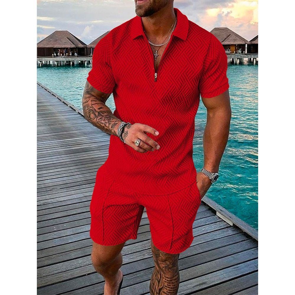 Men's Shorts Set Short Sleeve Zip Polo Shirt Street T-shirt Two Piece Casual Sportswear - Jointcorp