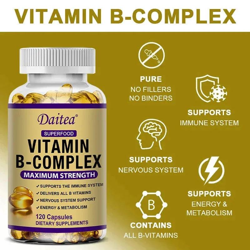 Vitamin B-Complex Supplement B12 B1 B2 B3 B5 B6 B9 Biotin, Nervous System, Metabolism, Immune and Energy Support, Super Diet