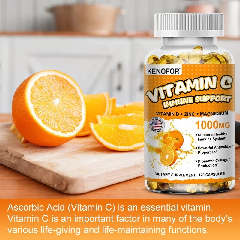 Vitamin C with Vitamin D, Zinc and Magnesium 1000мG Adult Daily Immune Supplement - Promotes Collagen Production and Skin Health