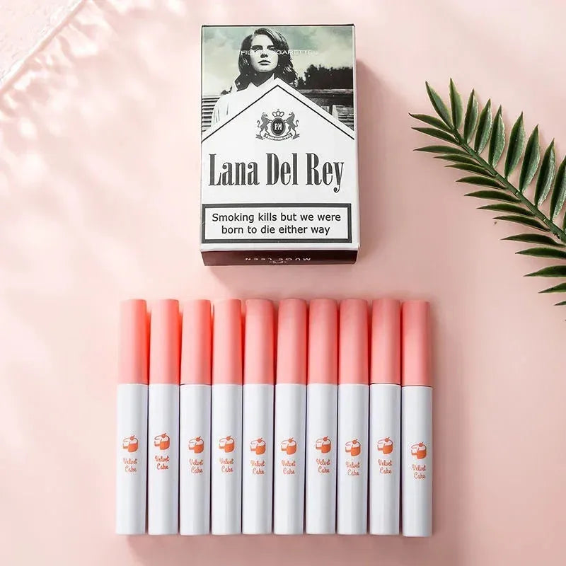 10 PCS Lana Del Rey Lipstick Matte Non Stick Cup Lip Gloss Smoke Pipe Lip Gloss Set Velvet Liquid Lipstick European Makeup