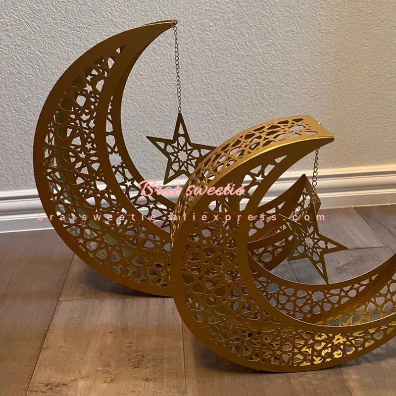 Metal Crescent Moon Candy Dessert Tray Islamic Festival Eid Mubarak Iron Moon Star Plate 2024 Ramadan Kareem Home Decorations