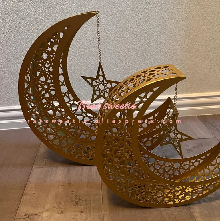 Metal Crescent Moon Candy Dessert Tray Islamic Festival Eid Mubarak Iron Moon Star Plate 2024 Ramadan Kareem Home Decorations