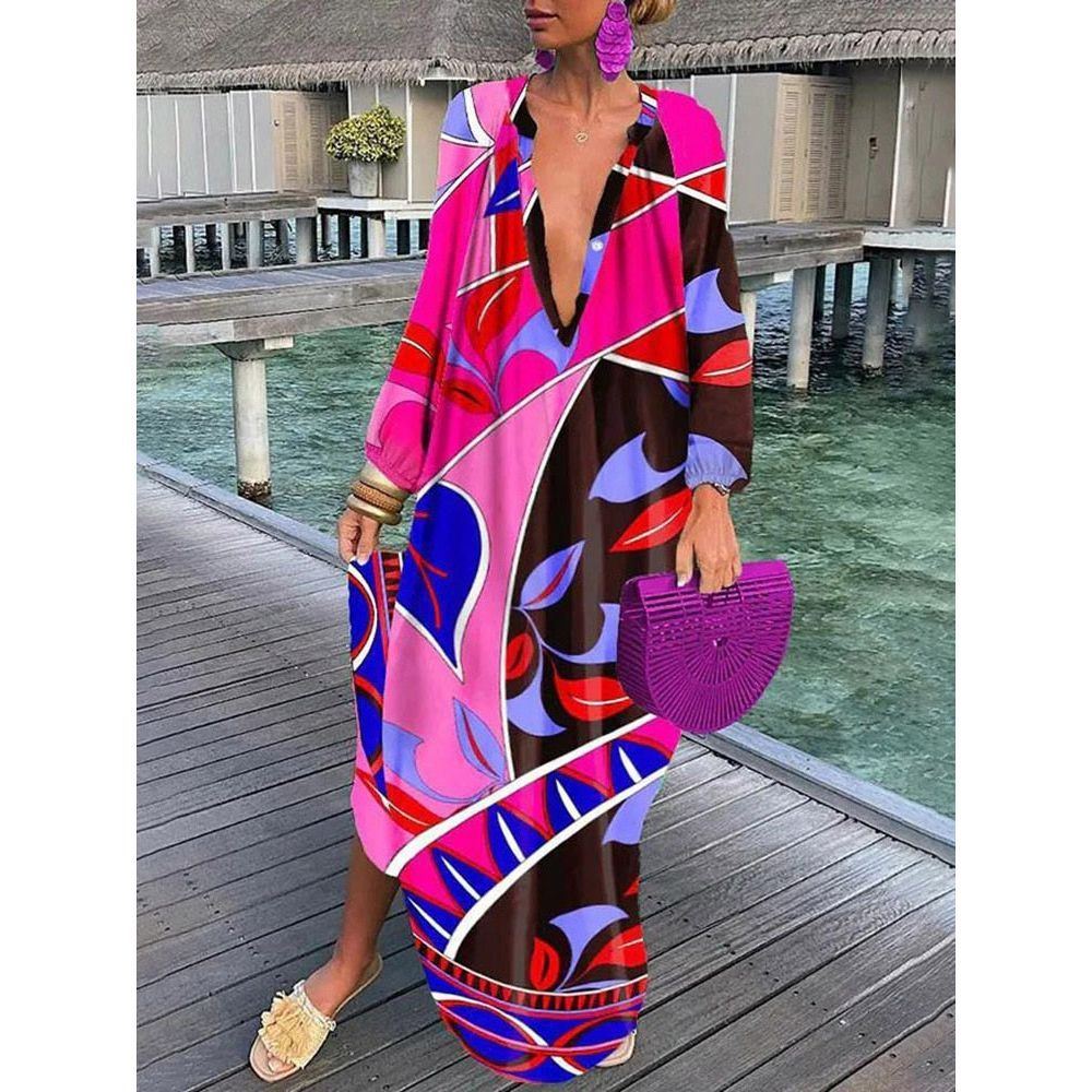 Women Boho Print Beach Cover Up 2023 Summer Sexy Deep V-Neck Long Sleeve Long Dresses Female Vintage Maxi Dresses Elegant Robe - Jointcorp