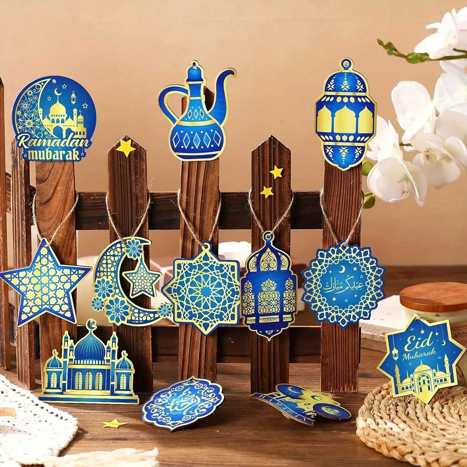 24 Pcs Ramadan Ornaments Eid Mubarak Ornaments Hanging Castle Lantern Light Star Moon Ornaments for Christmas Tree Ramadan