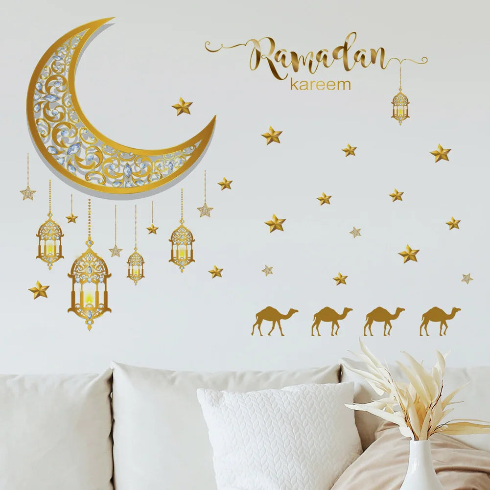 Crescent Star Lamp Wall Stickers Living Room Bedroom Background Home Decoration Wallpaper For Ramadan Decor Self Adhesive Decals