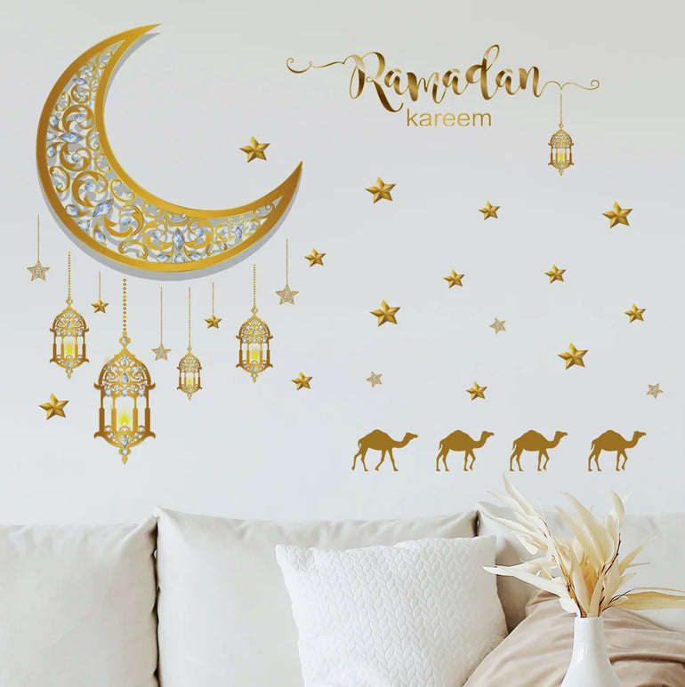 Crescent Star Lamp Wall Stickers Living Room Bedroom Background Home Decoration Wallpaper For Ramadan Decor Self Adhesive Decals