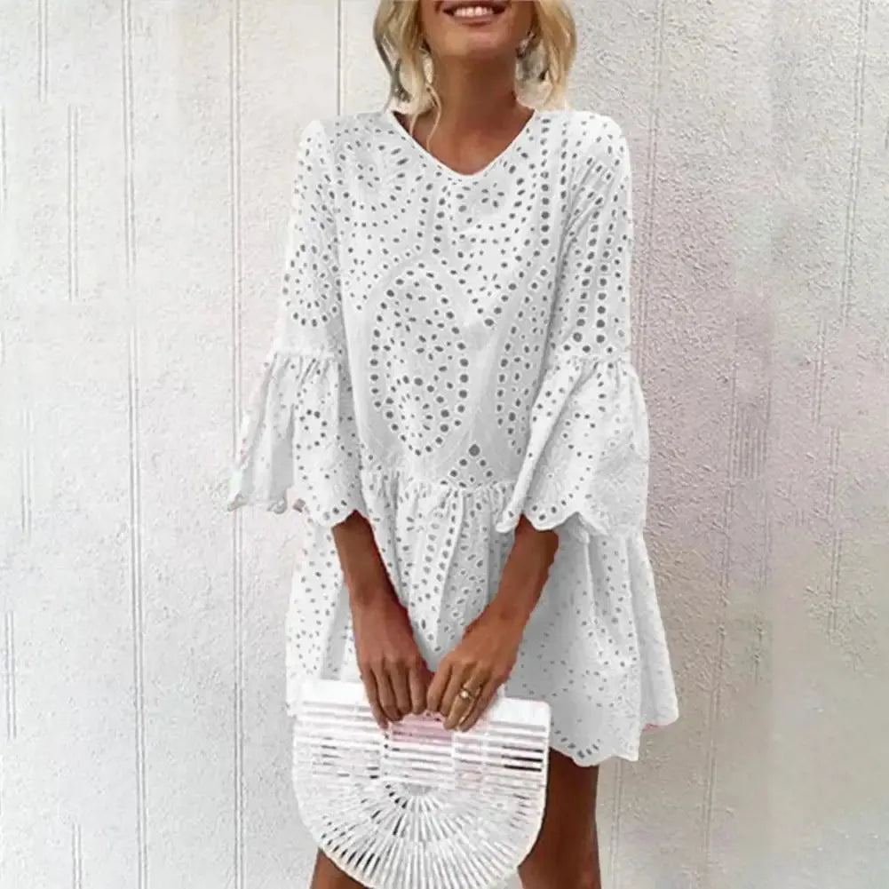 Shirt Dress Elegant Retro V-neck 3/4 Flared Sleeve Mini Dress Hollow Out Ruffle Hem Loose Fit Casual Short Dress Streetwear