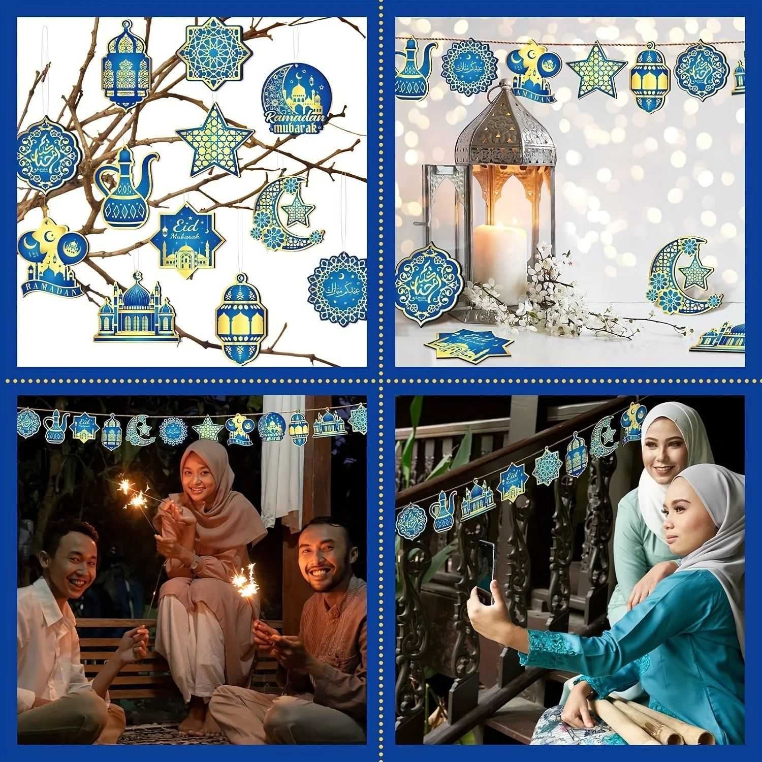 24 Pcs Ramadan Ornaments Eid Mubarak Ornaments Hanging Castle Lantern Light Star Moon Ornaments for Christmas Tree Ramadan