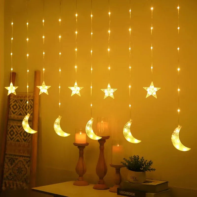 Eid al-Fitr Mubarak Star Moon Light String LED Night Lamp Window Fairy Light for Home Islamic Muslim Ramadan Indoor Decoration