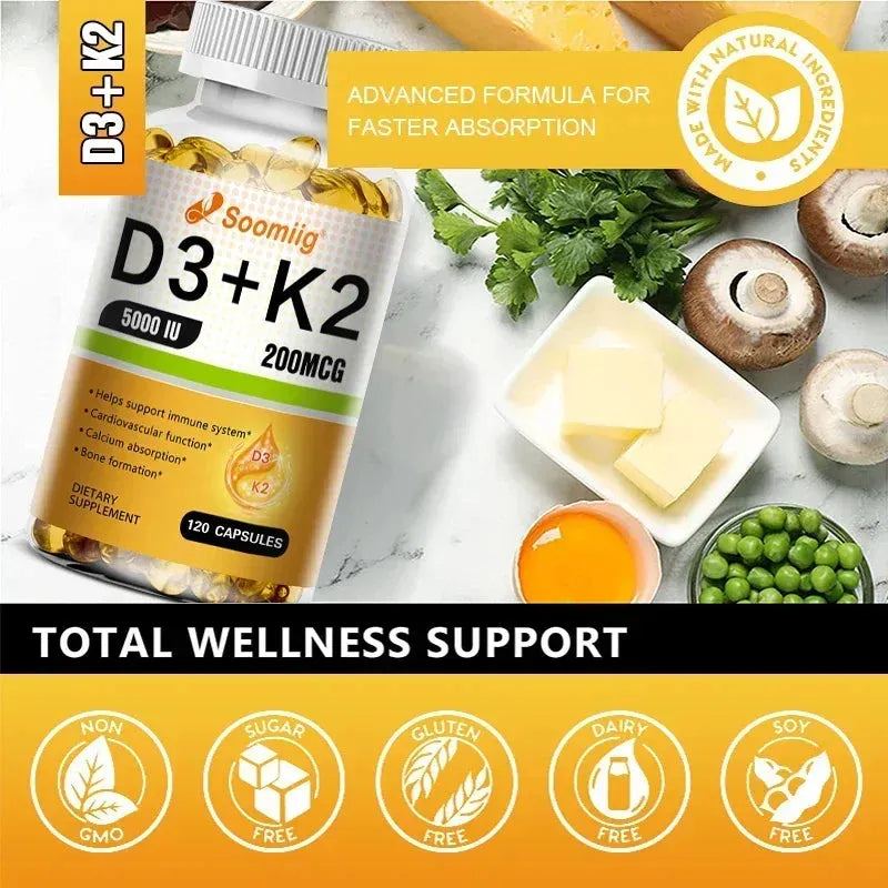 Vitamin D3 5000IU and 200 Mcg Vitamin K2 (MK-7) Capsules for Calcium Absorption, Bone Regeneration, Immune Support, Easy To Melt