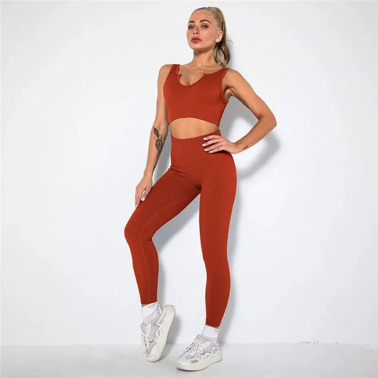 Seamless Yoga Clothing Set Workout Sportswear Gym Clothing High Waist Leggings Crop Top Bra Knitted Sports Outfit For Woman