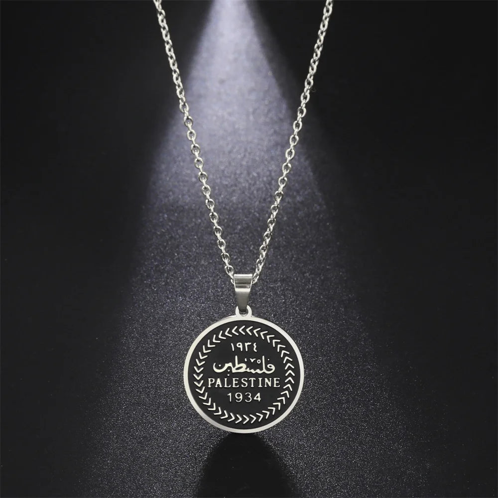 EUEAVAN Retro Palestine Pendant Necklaces Stainless Steel Character Round Necklace Vintage Fashion Jewelry for Woman Man Gift