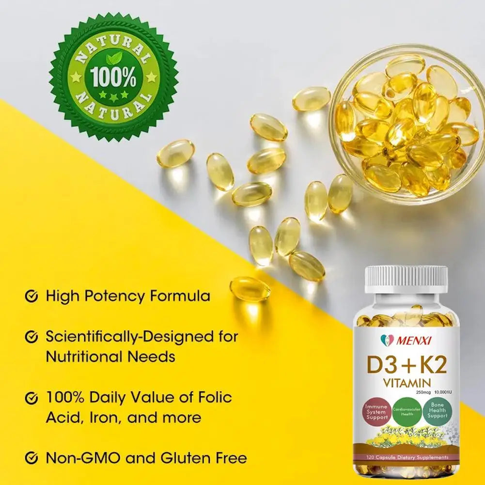 3 Bottles Vitamin D3 + K2 Capsules Supports Calcium For Stronger Bones Immune Health VC VK Complex Dietary Supplement For Adults