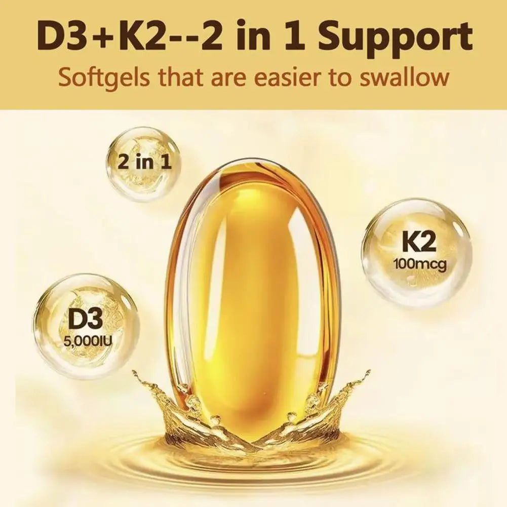 3 Bottles Vitamin D3+K2 Capsule - Help Regulate Calcium Metabolism Promote Bone Teeth And Skin Health Support Immunity