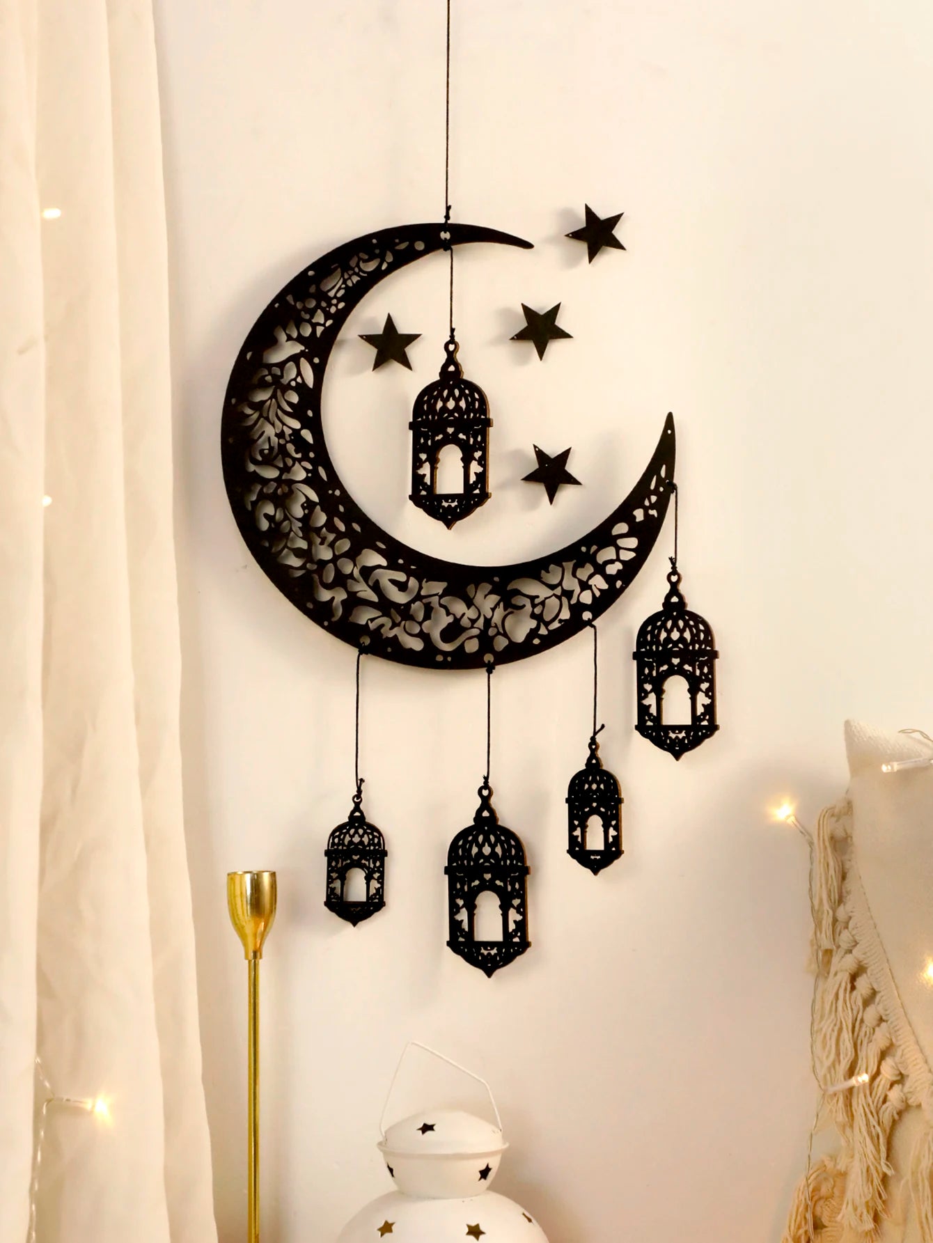 Wooden Hollow Moon and Star Lantern – DIY Ramadan Hanging Decor, Islamic Eid Mubarak Festival Decorations，Ornament Islamic Gifts