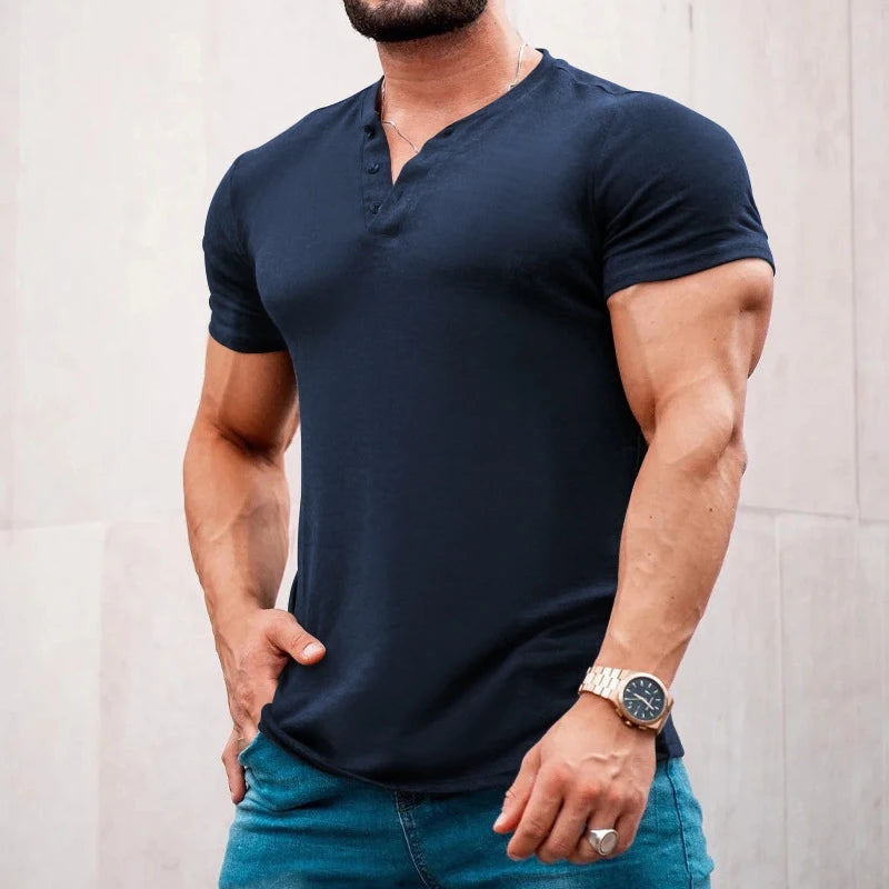 Leisure Solid Color Short-sleeved T Shirt Men Clothes Casual Buttoned V Neck Pullover Tops Spring Summer Mens Fashion T-shirts