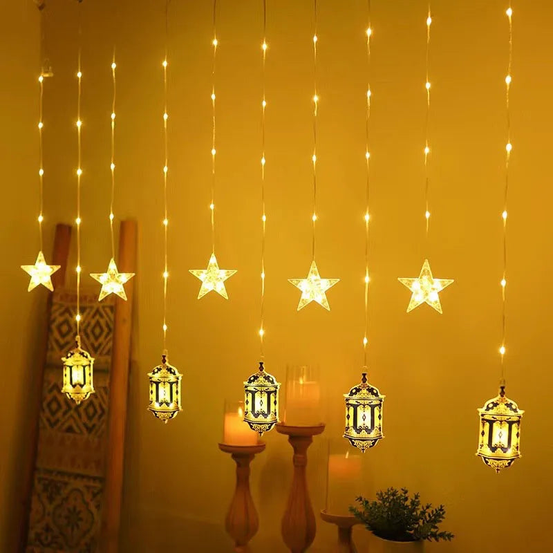 Eid al-Fitr Mubarak Star Moon Light String LED Night Lamp Window Fairy Light for Home Islamic Muslim Ramadan Indoor Decoration