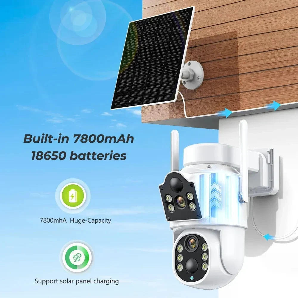 4MP Wireless Solar Camera Dual lens WiFi PTZ Camera Outdoor Built-in Battery Video Surveillance Camera Long Time Standby iCsee