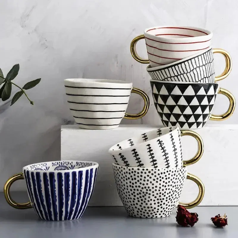 Creative American Style Ceramic Mugs Coffee Cups Afternoon Tea Golden Stroke Geometry Irregular Coffee Cup Italian Espresso Mug