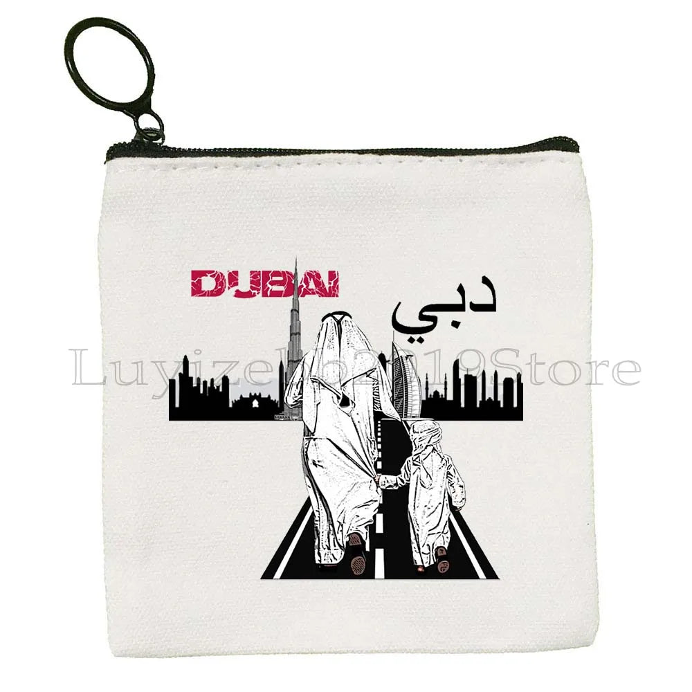 Dubai United Arab Emirates UAE Map Flag Asia Skyline Skyscraper Burj Khalifa Canvas Coin Purse Key Case Bag Wallet Zipper Pouch