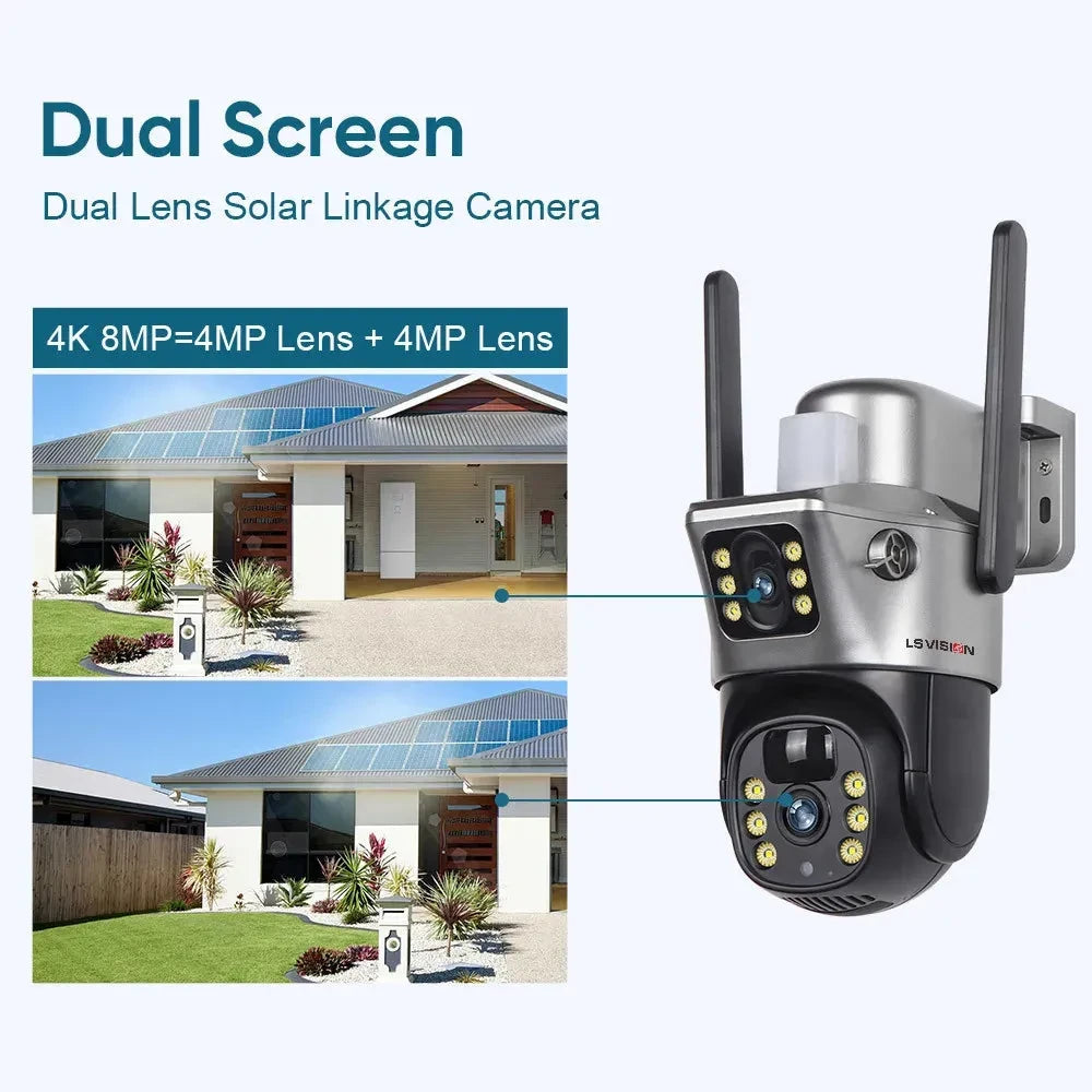 LS VISION Solar Camera 4G Sim Outdoor Dual Lens WiFi 8MP 4K IP Camara Solar Panel CCTV Security Built in Battery PIR Cam V380