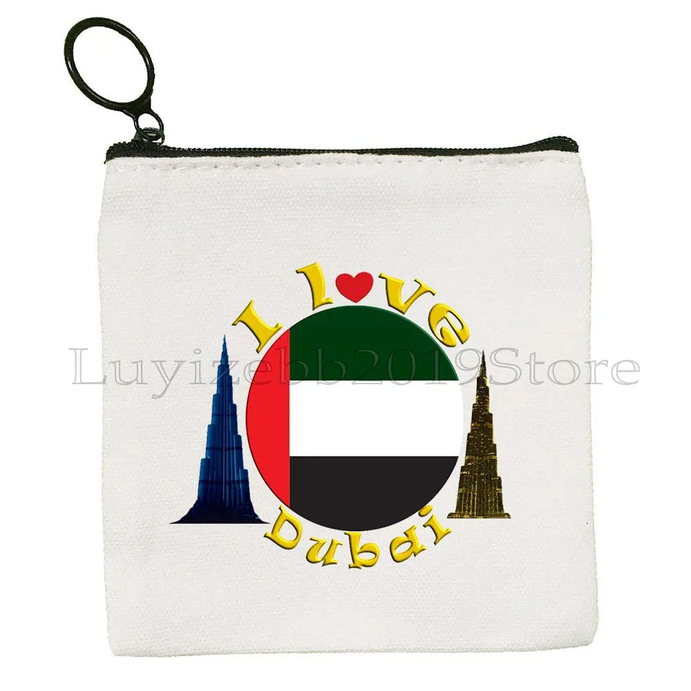 Dubai United Arab Emirates UAE Map Flag Asia Skyline Skyscraper Burj Khalifa Canvas Coin Purse Key Case Bag Wallet Zipper Pouch