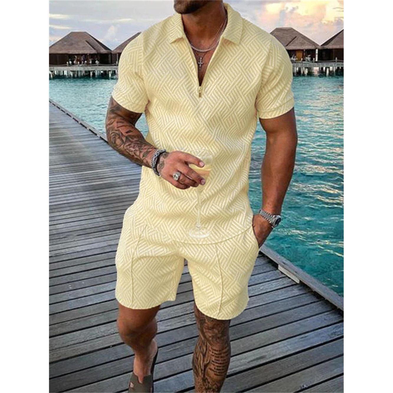 Men's Shorts Set Short Sleeve Zip Polo Shirt Street T-shirt Two Piece Casual Sportswear - Jointcorp