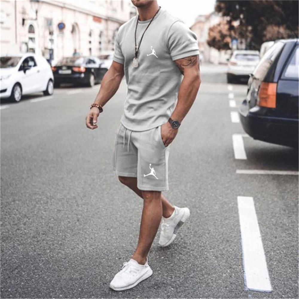 Men's Sportswear Cotton T-shirt+Shorts Two Piece Jogging Fitness Sports Casual Set