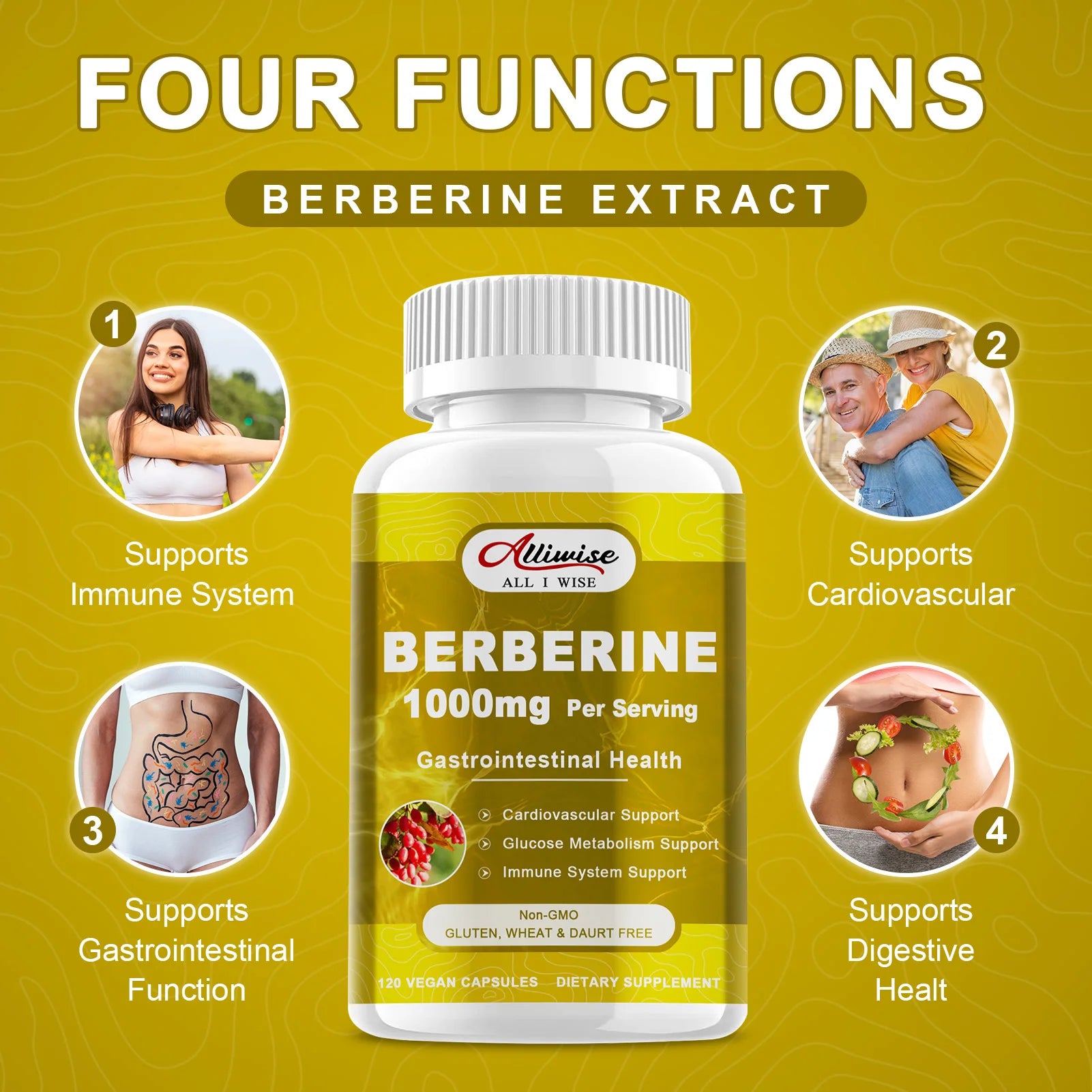 Alliwise Premium Berberine Supplement Capsules Supports Immune System, CardiovascularHeart & Gastrointestinal Wellness