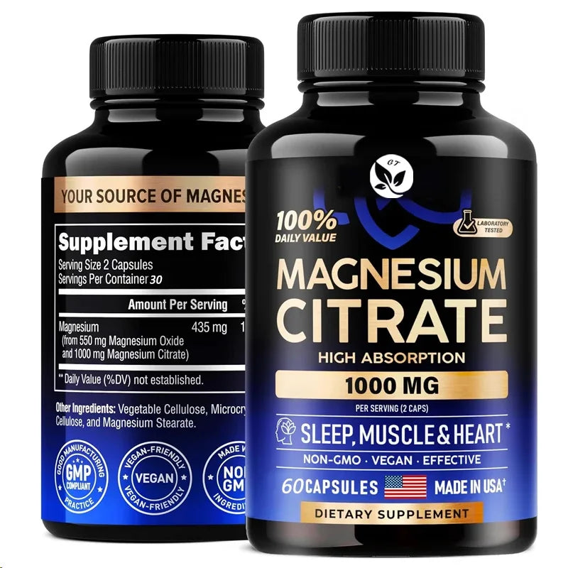 60 Capsules Of Magnesium Citrate 1000mg || 100% Dv || High Absorption Supplement - Sleep, Muscle, And Heart Support