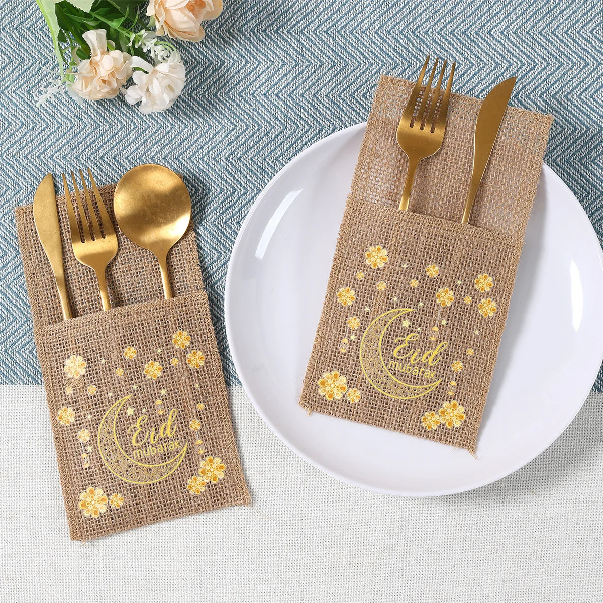 EID Mubarak Decoration Burlap Cutlery Bags Ramadan Decor 2025 Cutlery Bag Ramadan Kareem Islamic Muslim Party Eid Al Adha Gifts