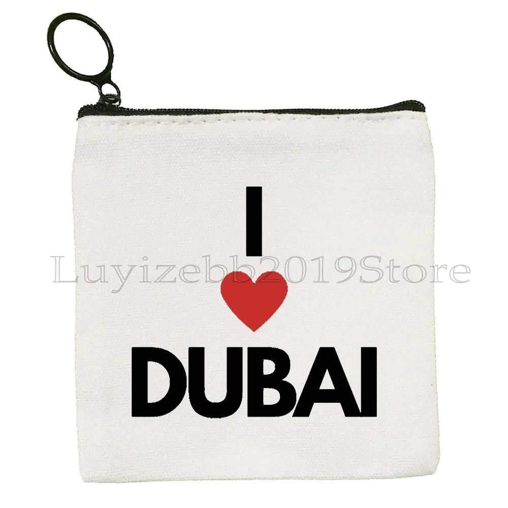 Dubai United Arab Emirates UAE Map Flag Asia Skyline Skyscraper Burj Khalifa Canvas Coin Purse Key Case Bag Wallet Zipper Pouch