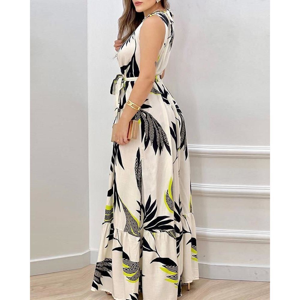 Summer New Hanging Neck Boho Dress Women's Printed Lotus Leaf Sleeveless Vintage Dresses - Jointcorp