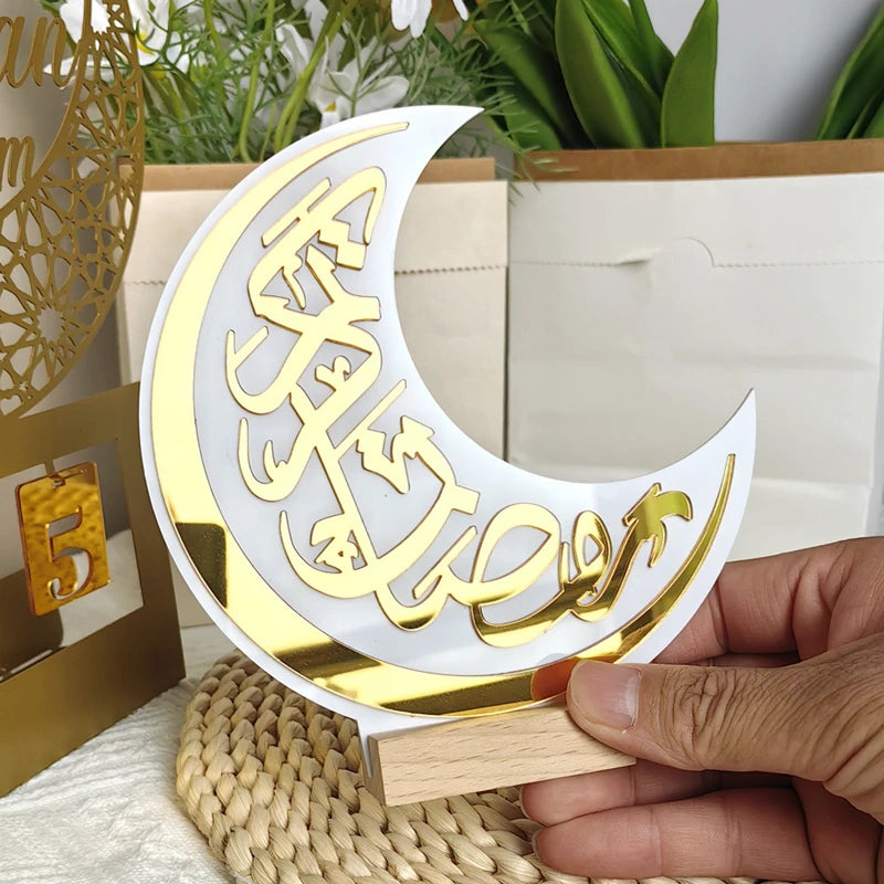 Muslim Acrylic Moon Ornaments 2025 Ramadan Kareem Decoration for Home Table Eid Mubarak Islamic Festival Party Gifts Supplies