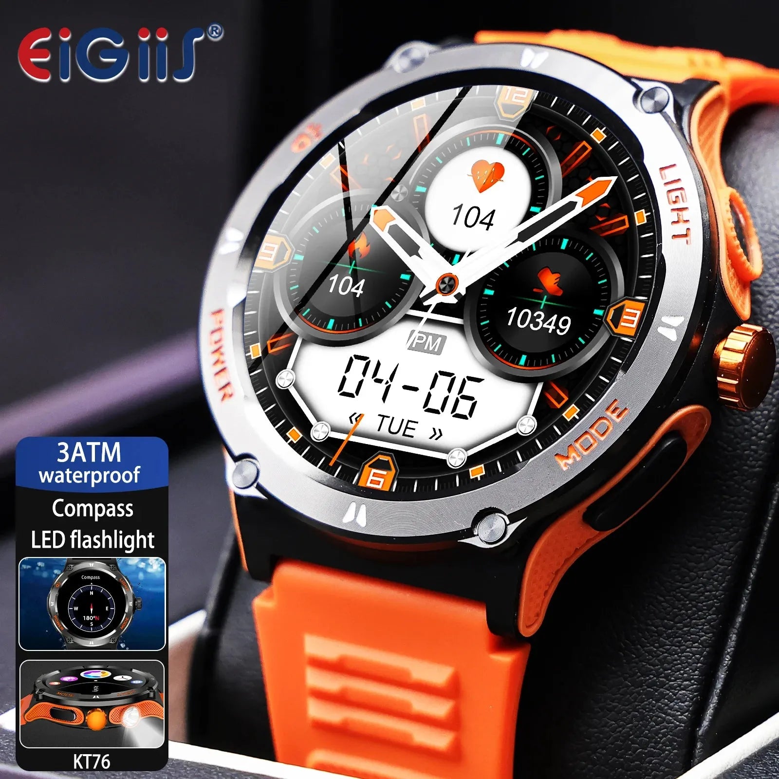 EIGIIS Smart Watch 3ATM Waterproof 1.53" KT76 Men Sport With Compass And LED Flashlight Heart Rate Sleep Analysis Bluetooth Call