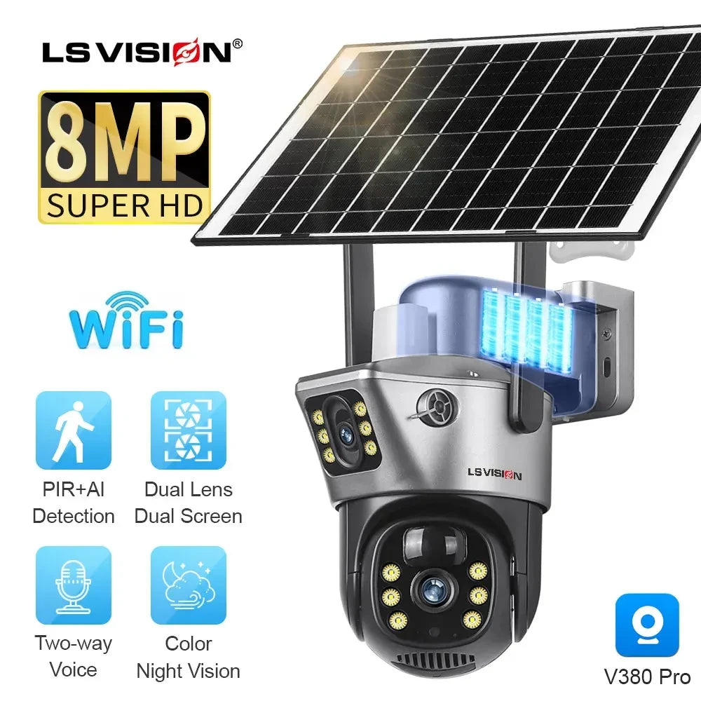 LS VISION 4K 8MP WiFi Solar Camera Dual Lens Dual Screen Battery CCTV Motion Detection Human Auto Tracking Surveillance Cameras