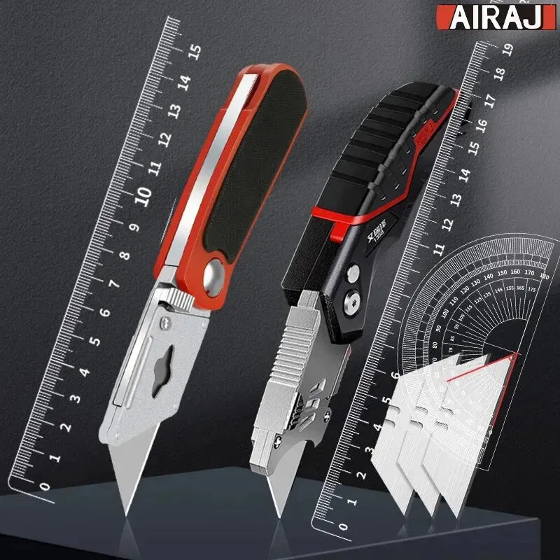 AIRAJ Multifunctional Utility Knife Retractable Sharp Cut Heavy Duty Steel Break 18mm Blade Paper Cut Electrician Professional