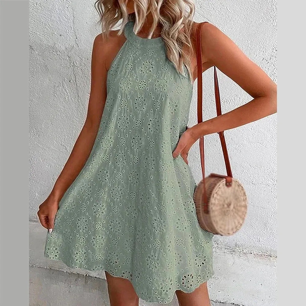 Women's Sleeveless Dress Hanging Neck Casual Ladies lace All-match All-match Solid color Beach Spring Summer