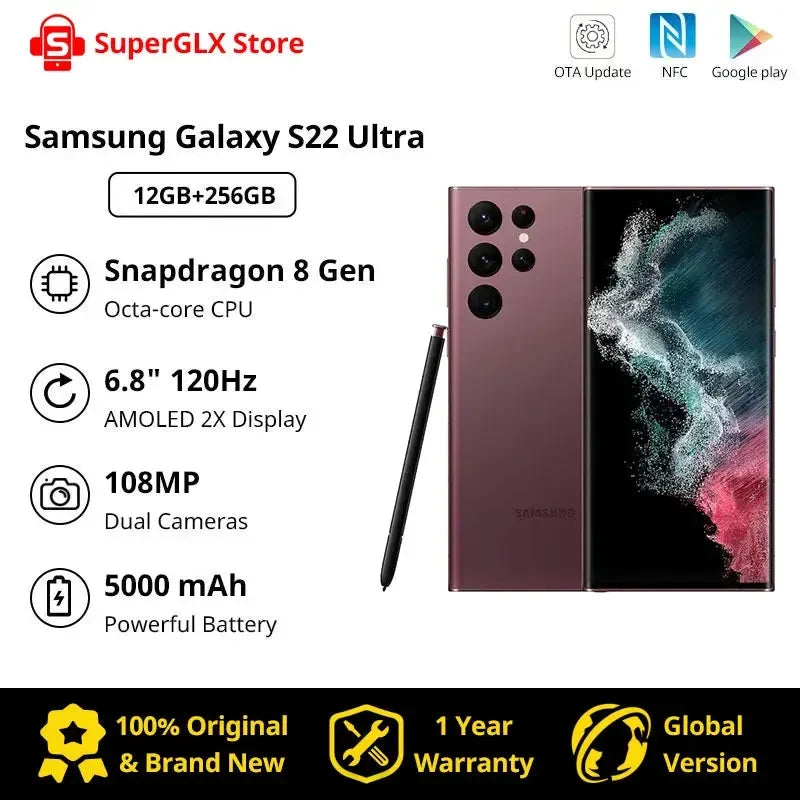 Global Version Samsung Galaxy S22 Ultra Snapdragon 8 Gen 1 120Hz AMOLED Display 108MP Dual Cameras & Galaxy S20 Ultra 5G Phone