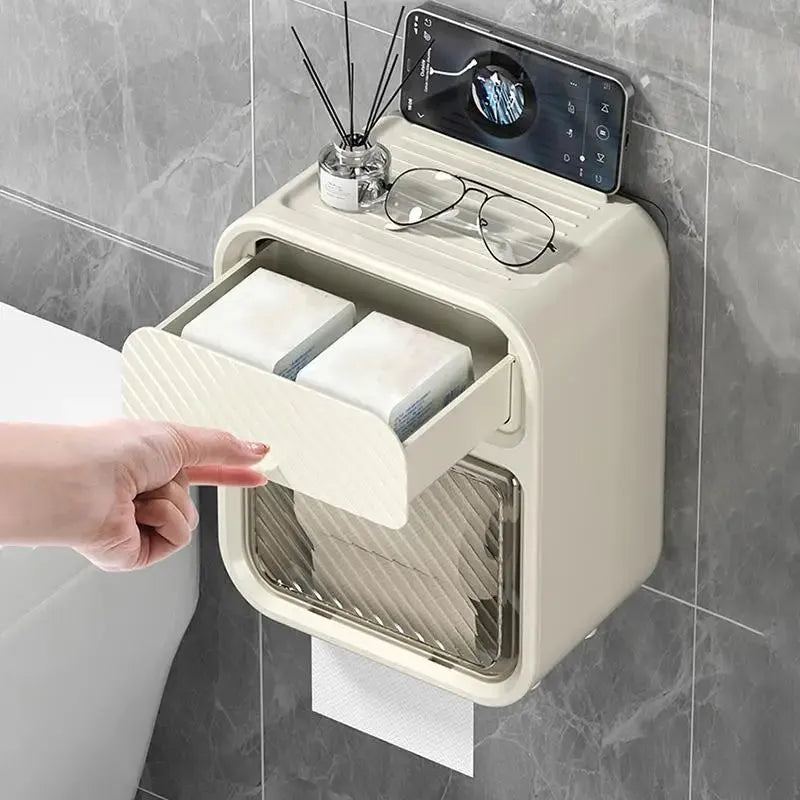 Multifunctional Double Layer Toilet Paper Storage Box Wall Mounted Punch-Free Waterproof Bathroom Tissue Holder with Drawer