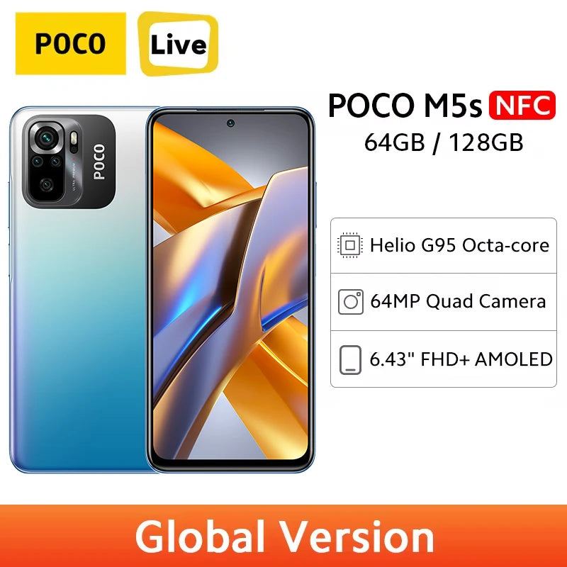 Global Version POCO M5s 64GB 128GB M5 s Helio G95 NFC 6.43" AMOLED Display 64MP Quad Camera 33W Fast Charging 5000mAh Smartphone