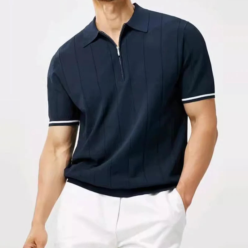 Fashion Zipper Lapel Knitting Polo Tops Summer Mens Casual Striped Short Sleeve Knit Polo Shirts Men Breathable Ice Silk Polos