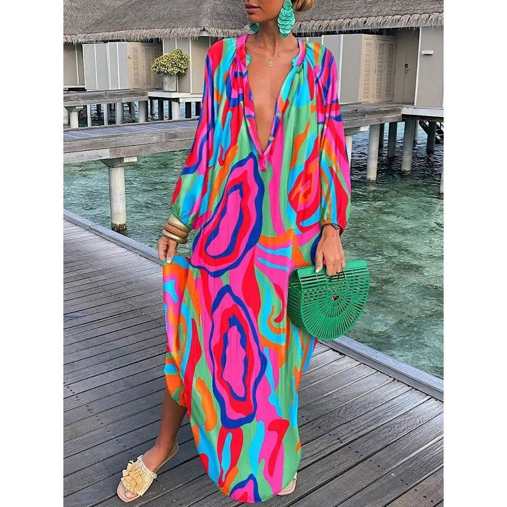 Women Boho Print Beach Cover Up 2023 Summer Sexy Deep V-Neck Long Sleeve Long Dresses Female Vintage Maxi Dresses Elegant Robe - Jointcorp