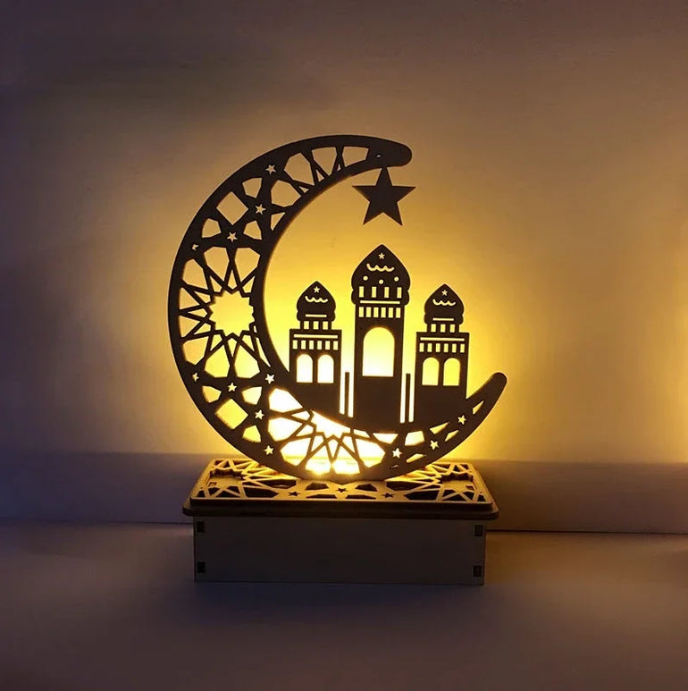 EID Mubarak Wooden Ornament Moon LED Candle Light Ramadan Decoration for Home Islamic Muslim Party Decoration Kareem Eid Al Adha